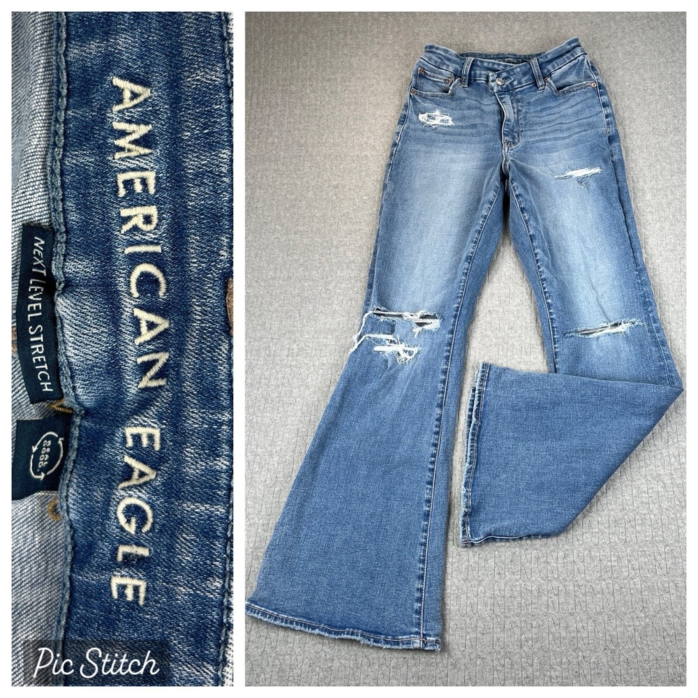 American Eagle Bootcut Flare Curvy Jeans Women 2 Short 22X29 Hi Rise Distressed